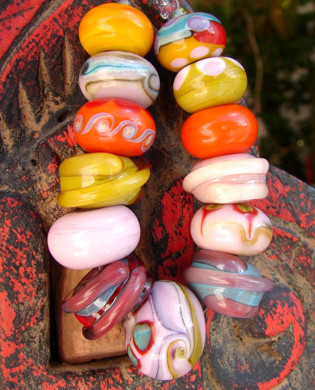 Glass Handmade Lampwork BEADS In WONDERLAND. Openstudio, Jewelry art. Set of 13 loose big beads. Openstudiobeads.