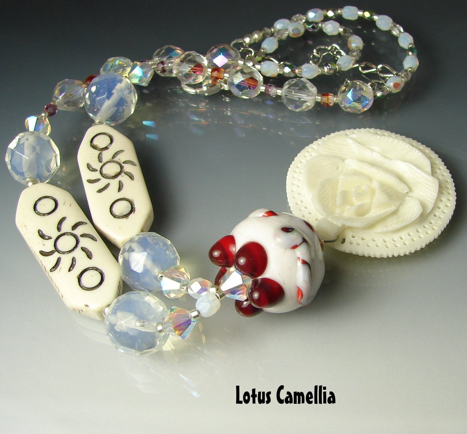 CLEARANCE. Glass Lampwork Bead. Handmade Beaded Necklace, Pendant. Jewelry Art. LOTUS CAMELLIA. Openstudio. Openstudiobeads.