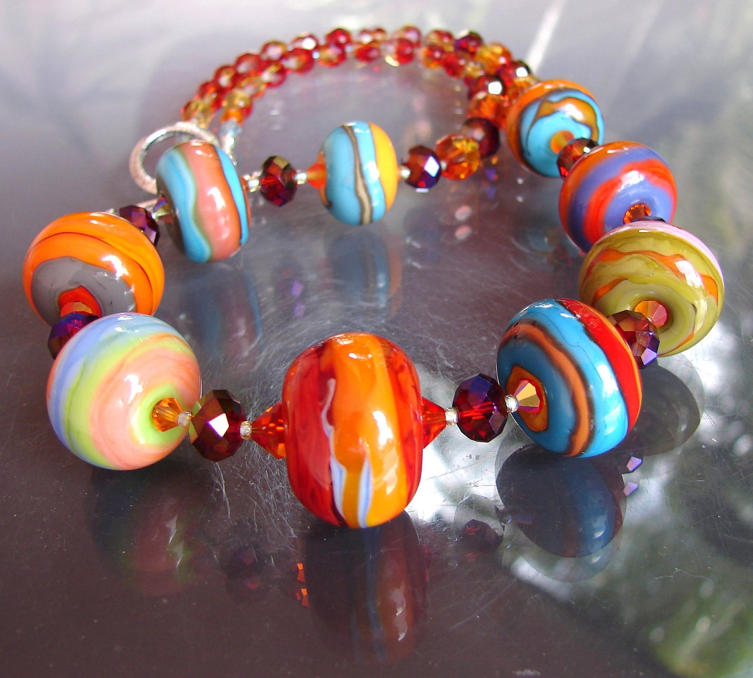 Handmade Lampwork Glass  Beads TRANSFORMATION RUEDAS by Openstudio. Beaded Necklace. Jewelry Art. Pendant.