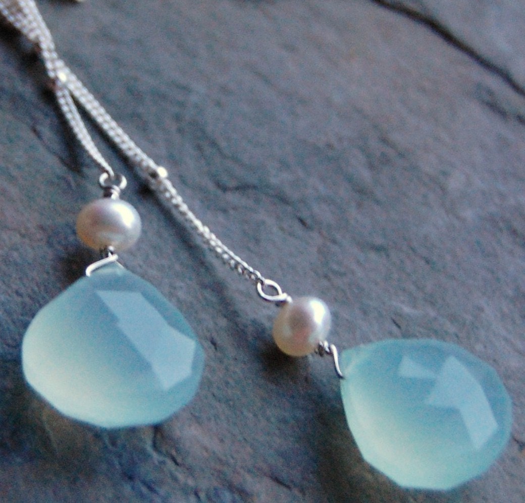 Aqua Chalcedony Necklace White Freshwater Pearls, Sterling Silver Satellite Chain, Wire Wrapped, Soft Whisper