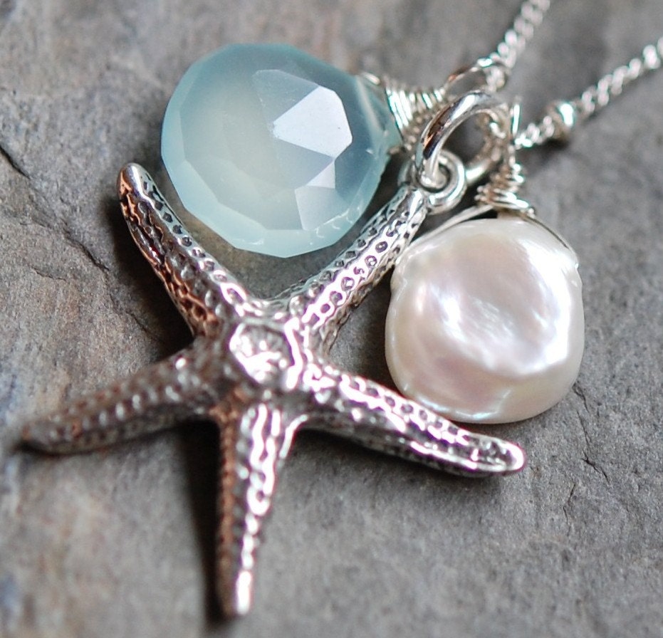 Starfish Necklace, Sterling Silver Sea Star, Aqua Chalcedony, Keshi Pearl, Large Charm, Ocean Tranquility hamptonjewels