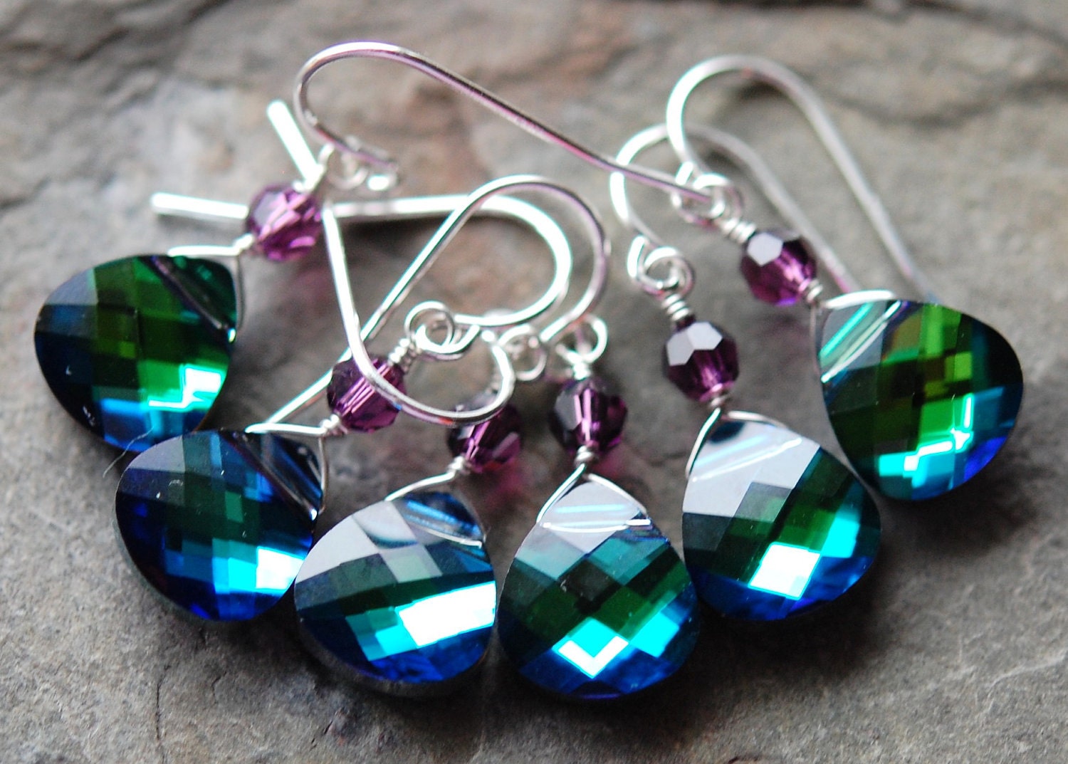 Set of 7 Pair, Peacock Bridesmaid Earrings, Blue Green Swarovski Crystal, Choose your Accent Color, Sterling Silver Wire Wrapped