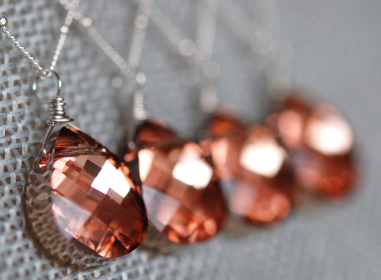 Set of 4 Peach Bridesmaid Necklaces, Rosaline Swarovski Crystal Briolette 15 mm and Sterling Silver Chain