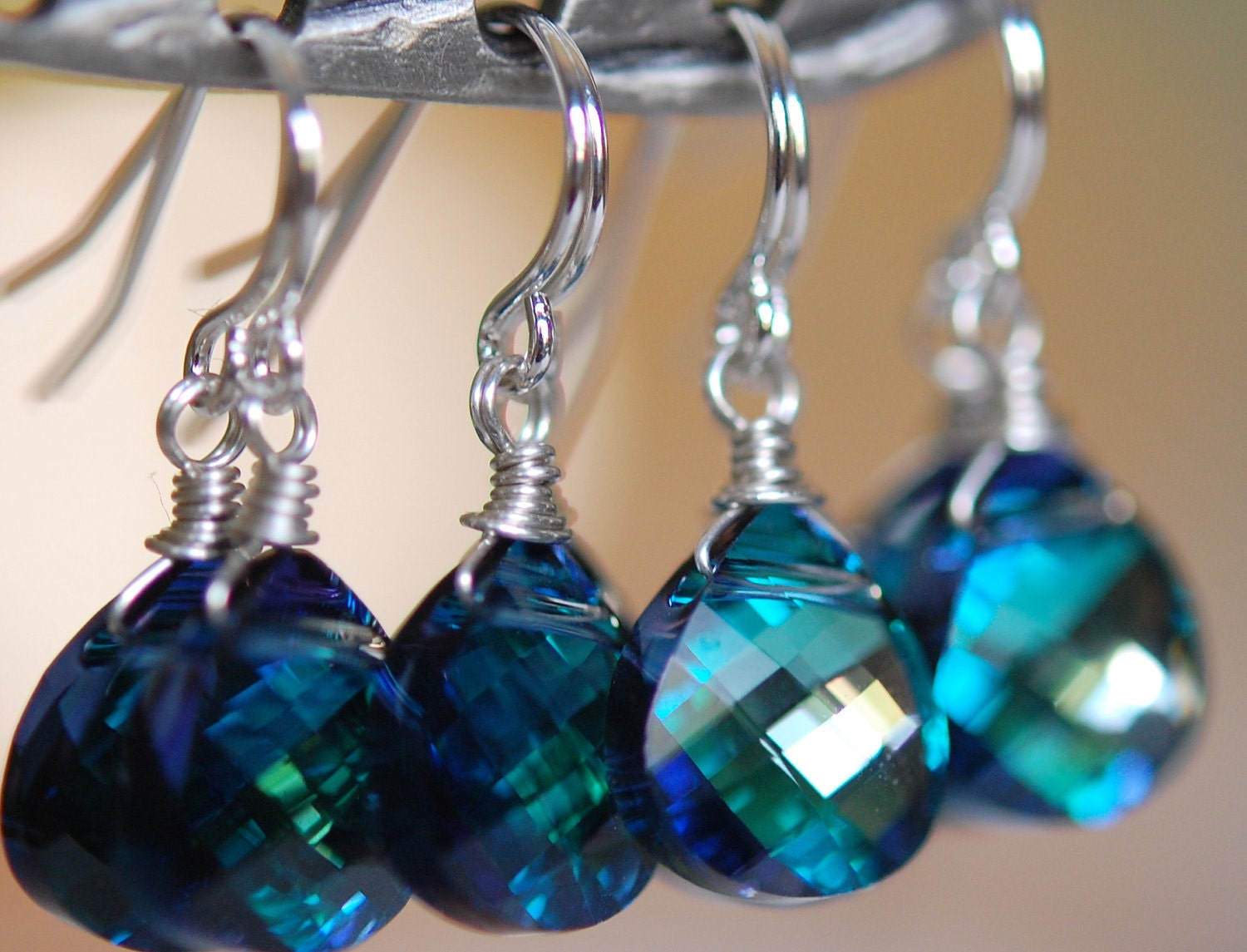 Set of 4 Pairs, Bridesmaid Earrings, Aqua Peacock, Swarovski Crystal, Wire Wrapped, Sterling Silver, Something Blue