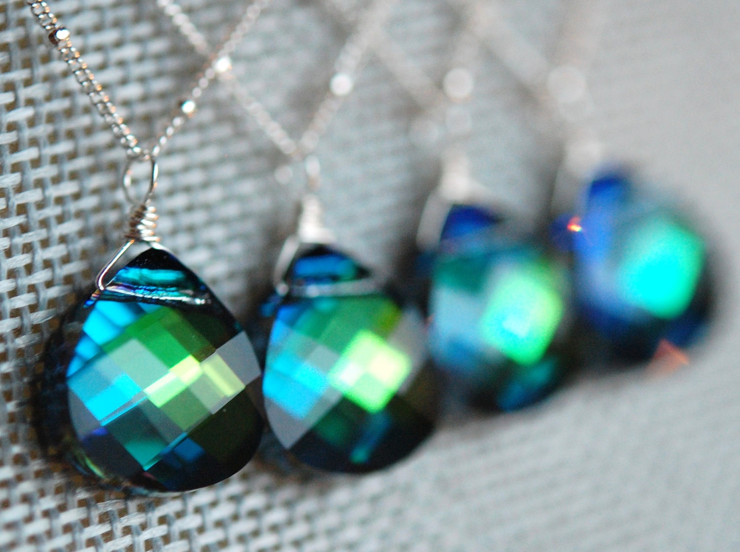 Set of 3 Peacock Bridesmaid Necklaces, Blue Green Swarovski Crystal Briolette 15 mm and Sterling Silver Chain