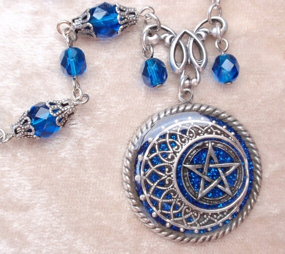 Blue Pentacle Necklace- Glitter, Resin, Antiqued Silver, Fantasy