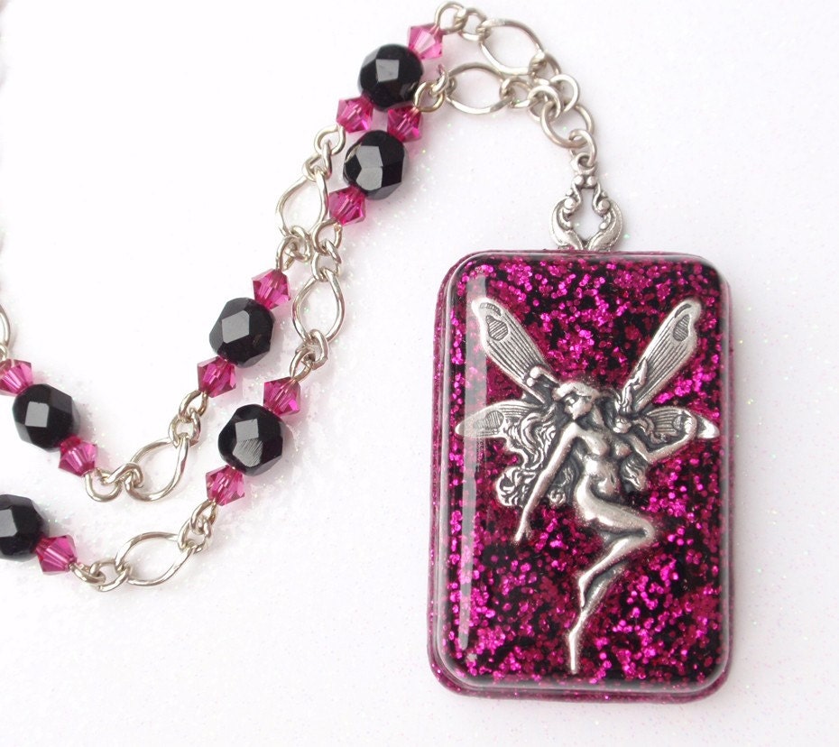 Fuchsia and Black Faerie- Glitter and Resin Fantasy Necklace