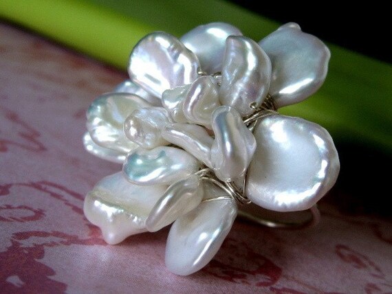 GARDENIA BLOSSOM huge sterling silver and keishi pearl wire wrapped flower cocktail ring--adjustable band