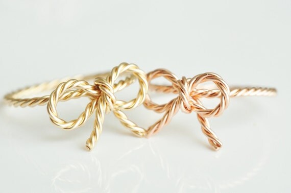 two (2) TINY BOW rope friendship rings - 14k rose gold filled /  14K yellow gold filled / sterling silver twisted wire