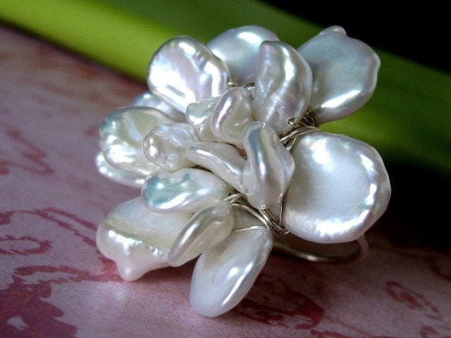 GARDENIA BLOSSOM huge sterling silver and keishi pearl wire wrapped flower cocktail ring--adjustable band