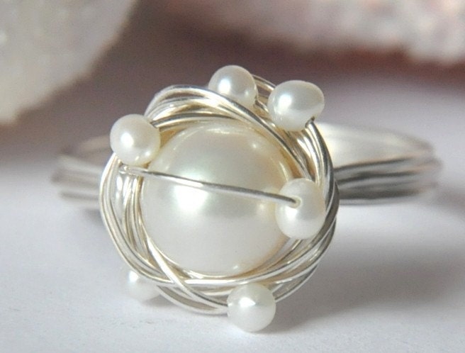 SNOWY NEST white freshwater pearl sterling silver wire wrap ring