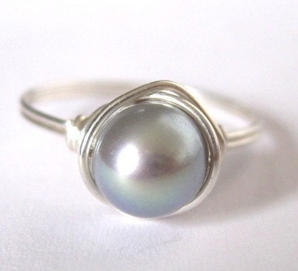 Medium Silver freshwater pearl sterling silver wire wrapped ring