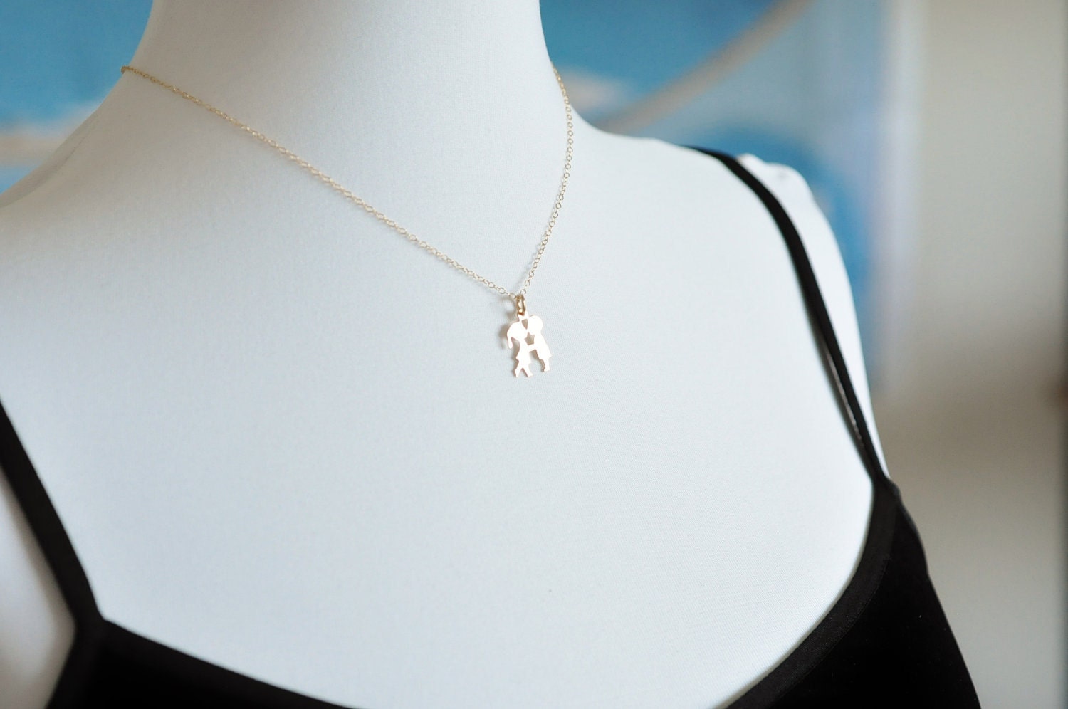 FIRST KISS boy and girl kissing necklace with two hand stamped monograms / initials - 14k gold filled