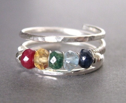 FAMILY BIRTHSTONE custom sterling silver and genuine gemstone wire wrap ring -- up to 5 birthstones plus 2 sterling silver beads