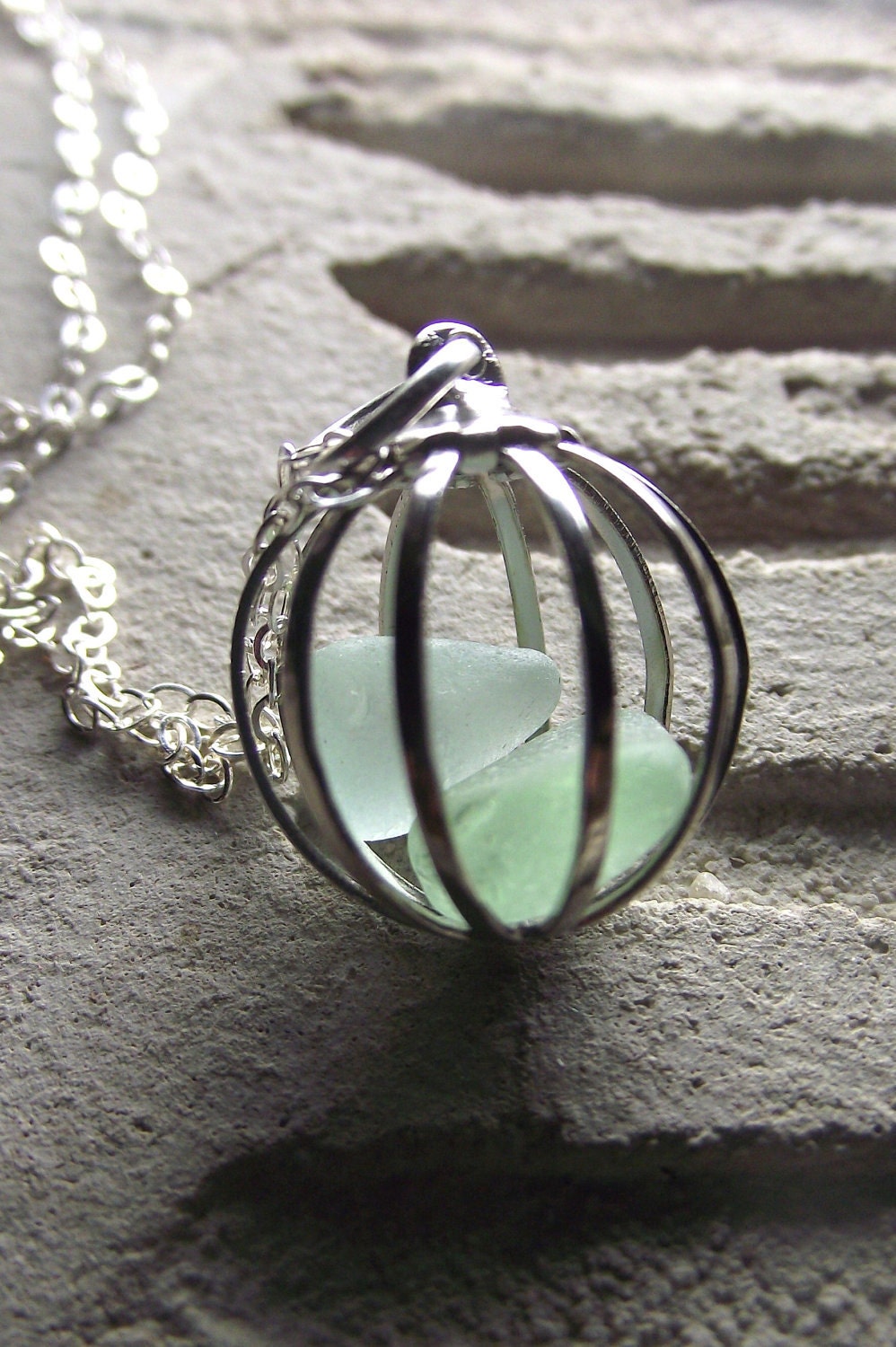 Sea Glass Necklace - Love Birds ---- Cage Locket Jewelry
