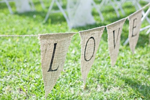 LOVE Glittered Banner on natural Burlap