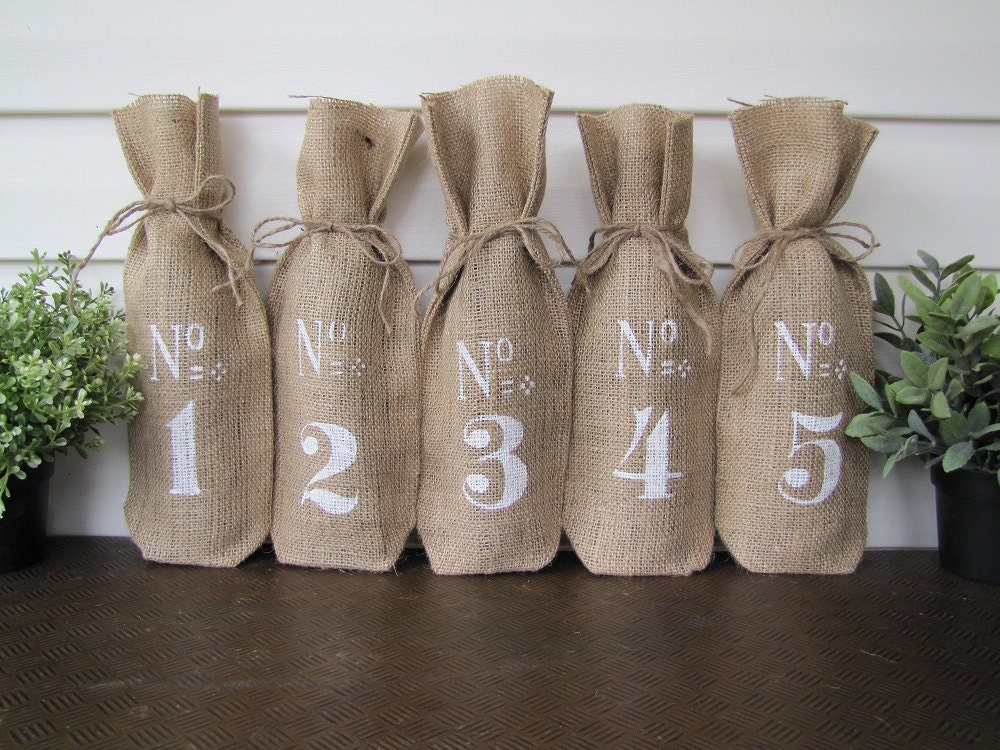 1 - 16 Numbered Burlap Wine Bags, Wedding Table Numbers, Wedding Favors