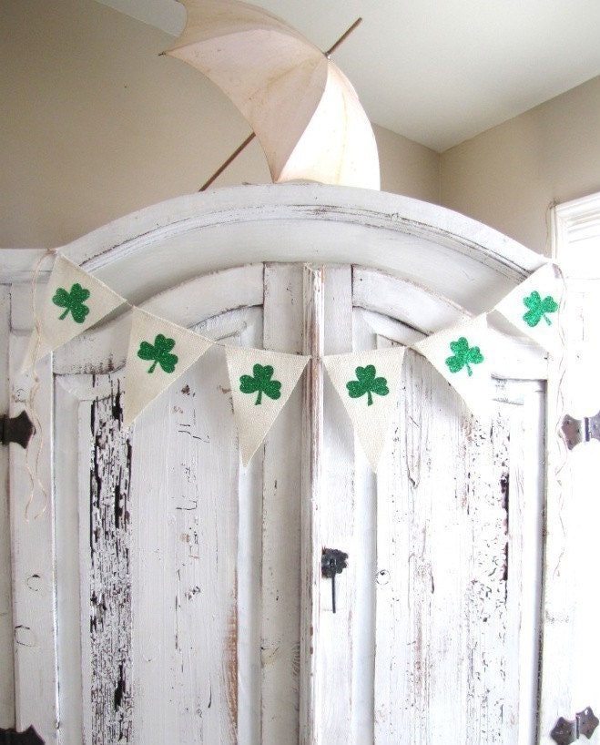 Shamrock Glittered Cream painted Burlap Banner...St. Patricks Day