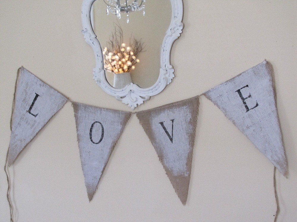 LOVE hand painted Burlap Banner Pennant Bunting