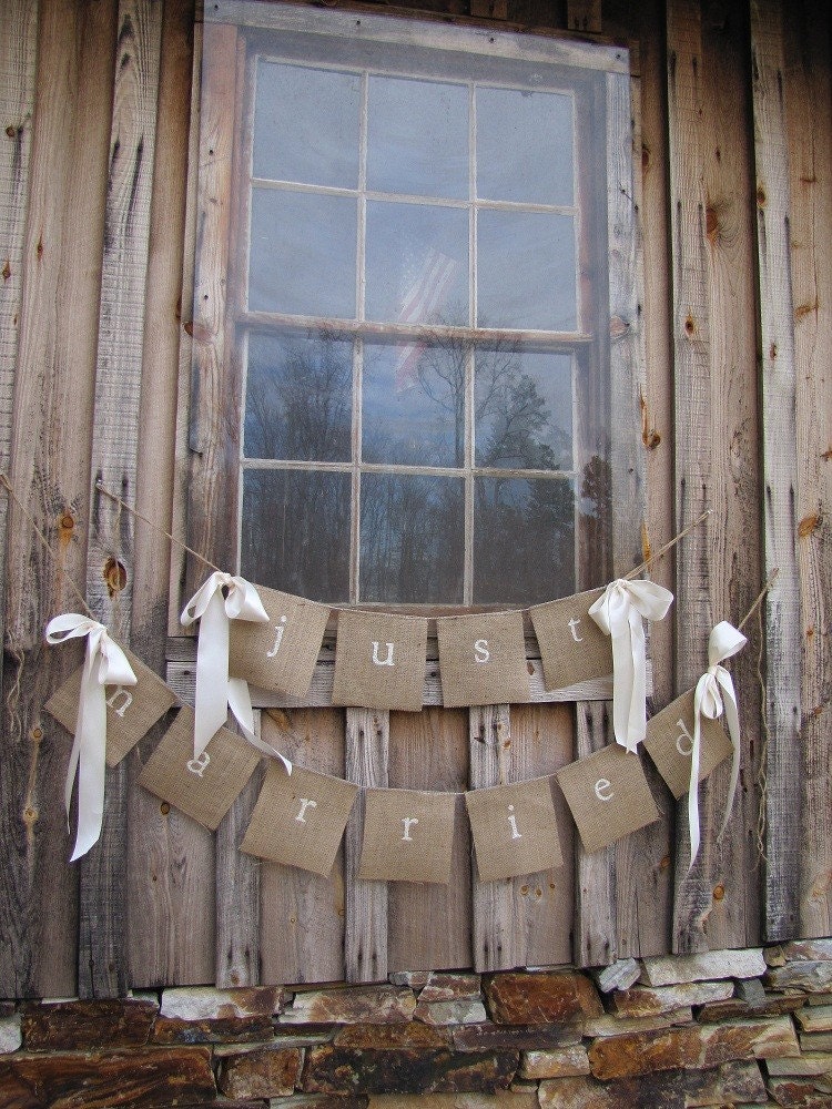 Ready to ship...JUST MARRIED Lowercase White Glittered Burlap Banner with Ribbon Bows