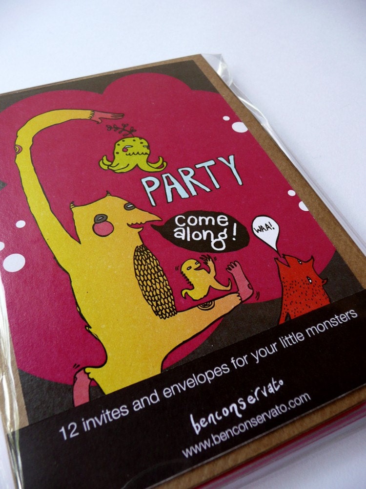 SALE Monster Party Invites 12 pack with recycled paper envelopes
