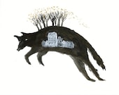 Leaping Wolf with Houses Archival Art Print - benconservato