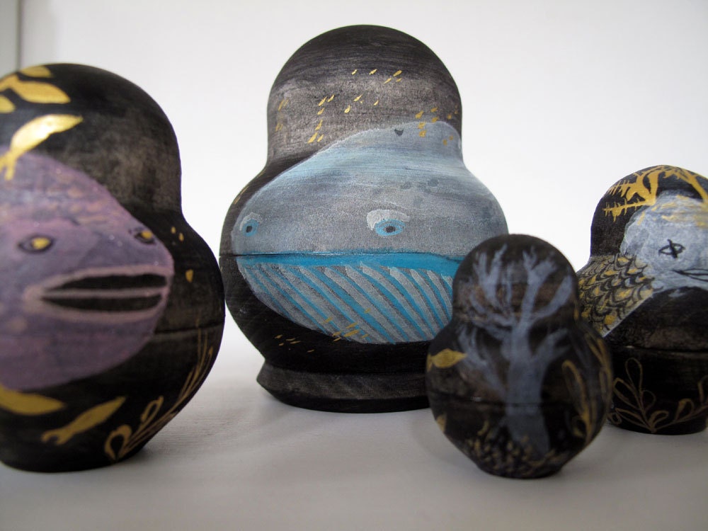 Seascapes and Fish Five Piece Small Nesting Doll Set / Original Artwork / No postage