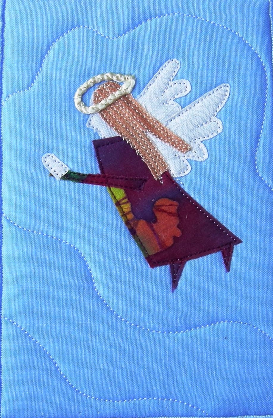 Quilted Fabric Postcard, Mini Art Quilt, Angel with a Red Dress