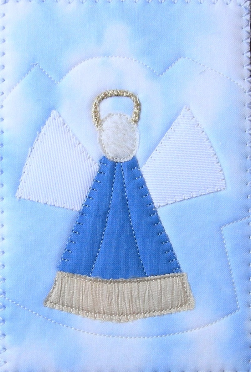 Angel Quilted Fabric Postcard Art Quilt-Serene Angel with Blue Dress