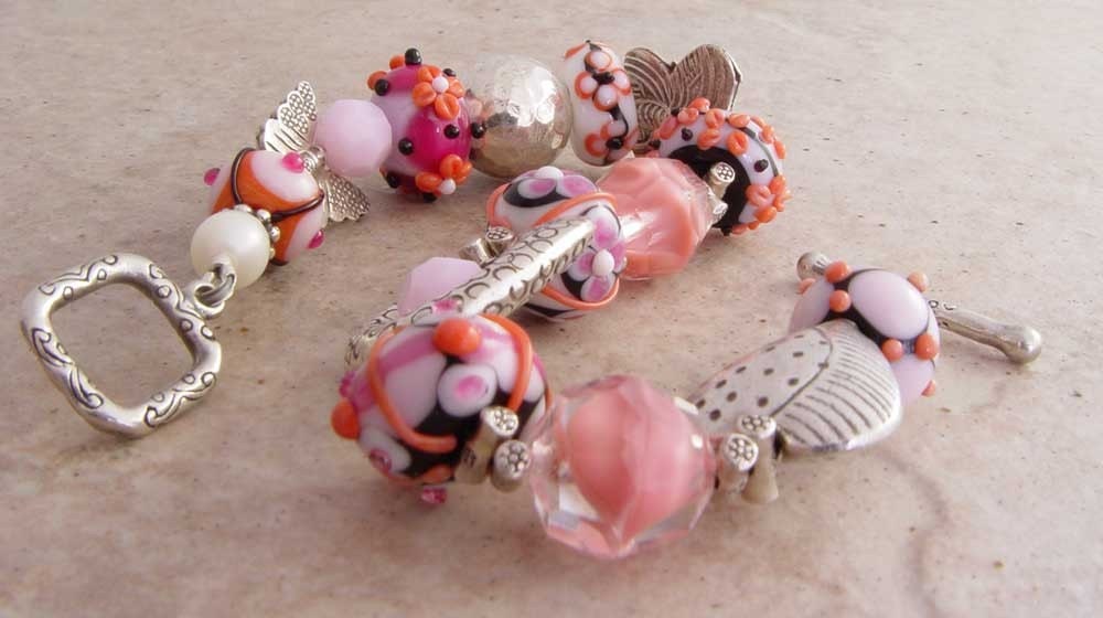 Handmade Bracelet, Bead Soup and Butterflies in Pinks and Orange