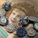 Peacocks Antique BUTTONs bracelet, Victorian birds & flowers in blue on silver.