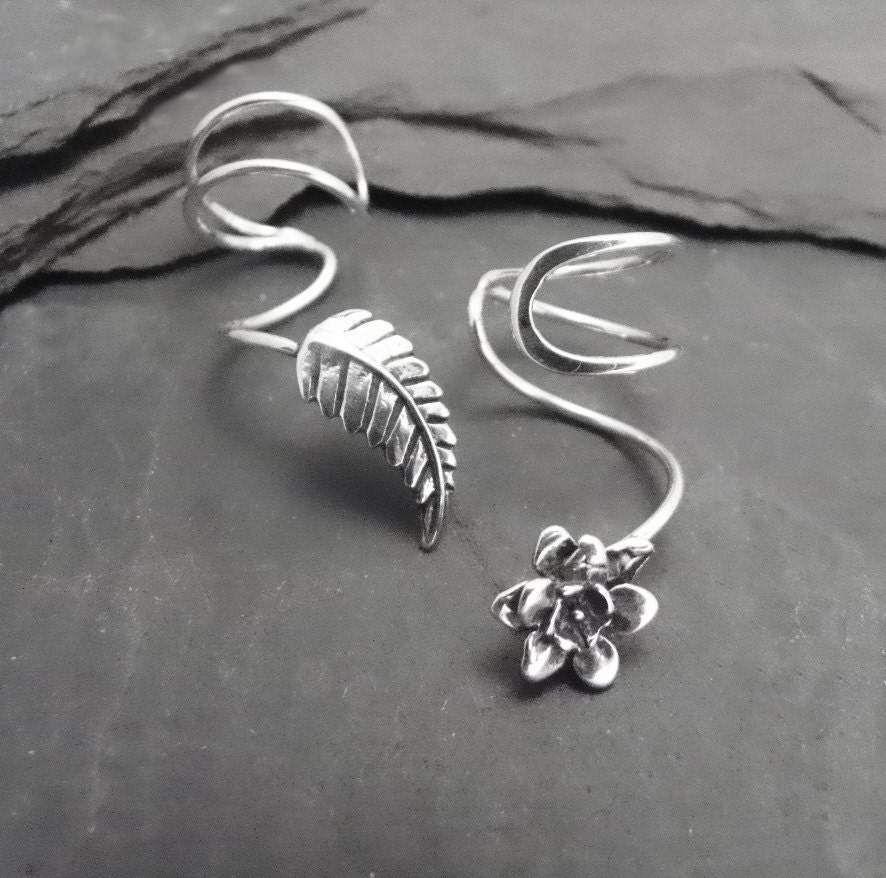 Silver Ear Cuff Pair PETALS & LEAF Asymmetrical Sterling Silver Ear Cuffs