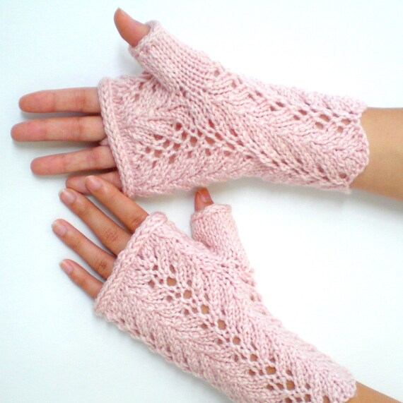 Women Lace Knit Fingerless Gloves Pale Pink Lace by ohmay on Etsy