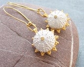 Gold and White Sea Urchin Earrings - Beach Jewelry