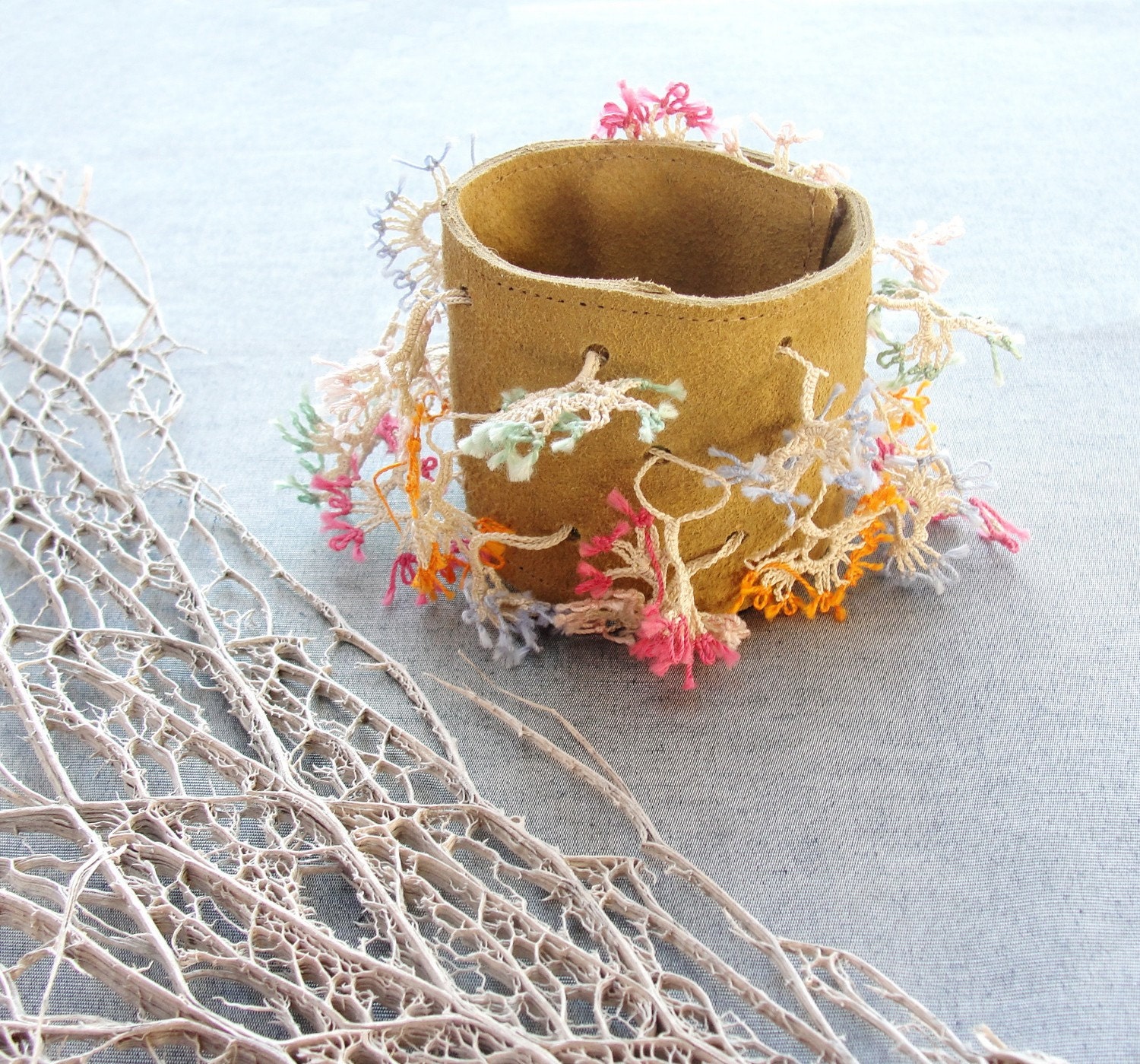 Lace Leather Bracelet Cuff - Handmade needle lace