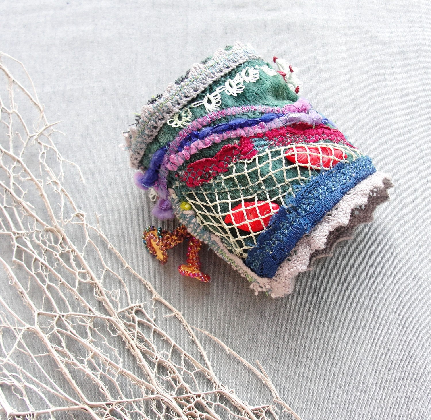Underwater Magic Cuff Textile, Lace, Coral and Treasures