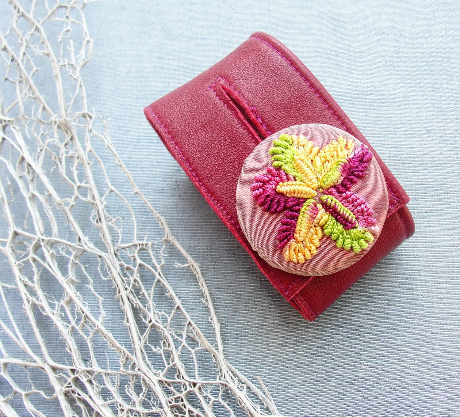 Brasilia - Leather Cuff with Brazilian Embroidery Button