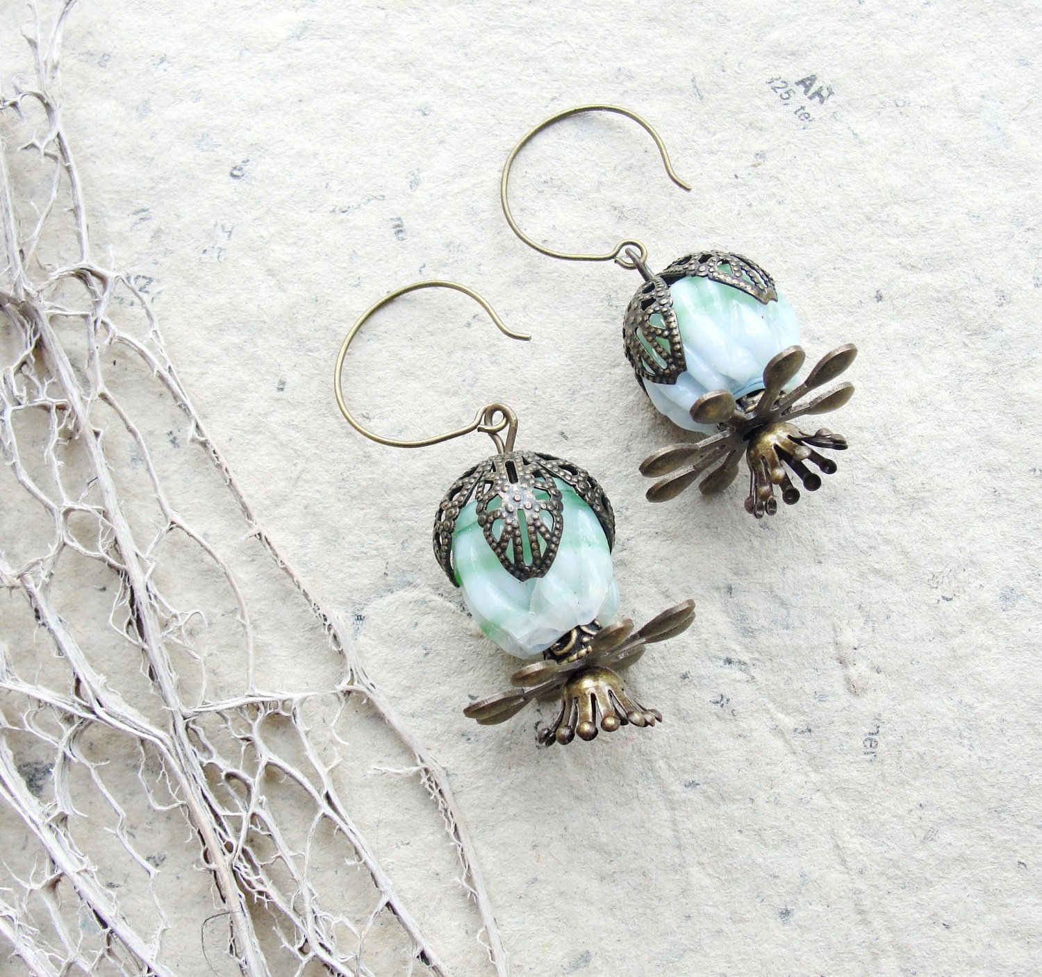 Minty Flower Earrings - Handmade Glass beads and Brass