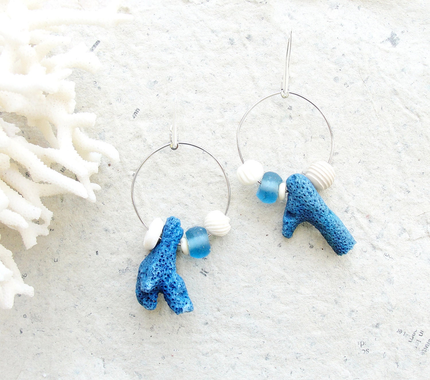 Asymmetric Deep Blue Sea - Coral and Bone Earrings