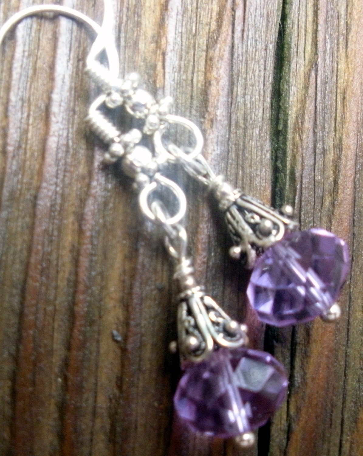 Silver Filigree Cone lilac crystal small dangle EARRINGS OOAK