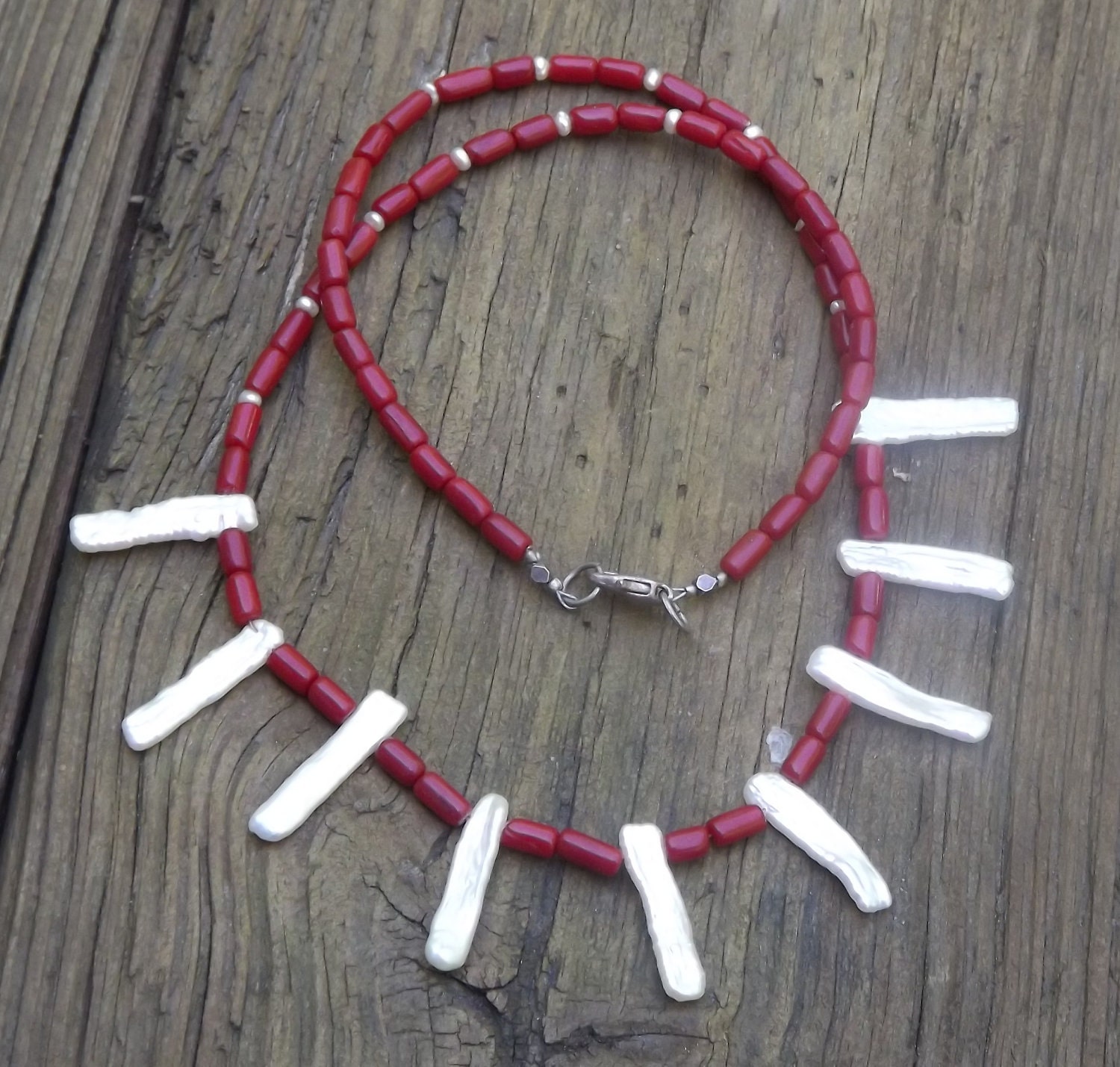 Biwa pearls and red coral necklace unique OOAK