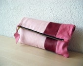 Leather  Clutch in Italian Leather and Petal Pink Linen - Indie Patchwork Series