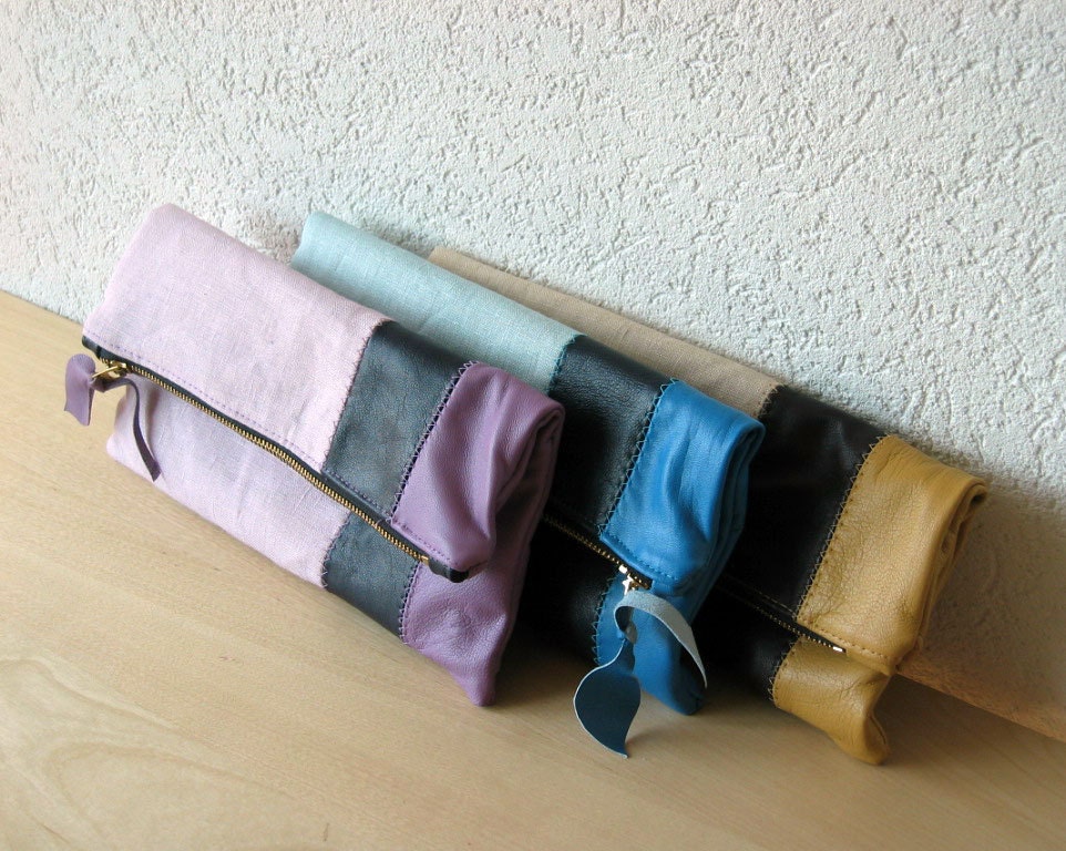 Bridesmaids Italian Leather and Linen Weddings Clutch - Set of 3 - Made To Order - Free Shipping