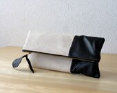 Leather Clutch in Black Italian Leather and Beige Linen - Indie Patchwork Series