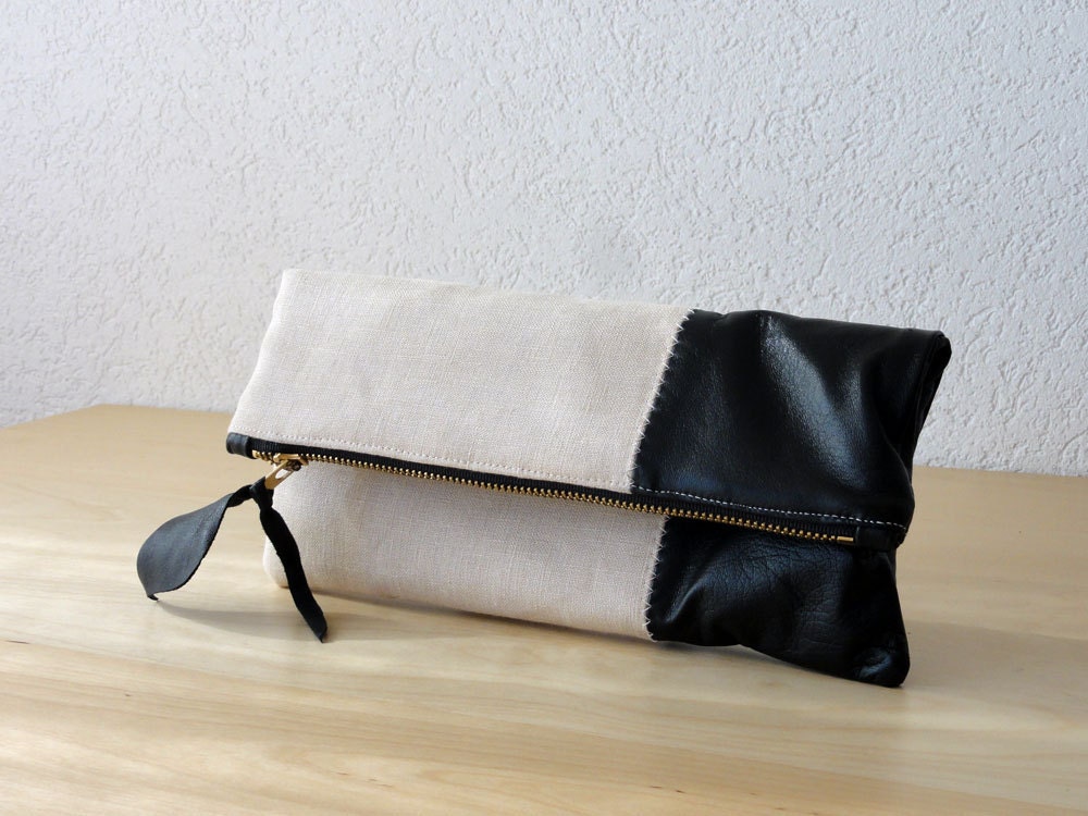 Leather Clutch in Black Italian Leather and Beige Linen - Indie Patchwork Series