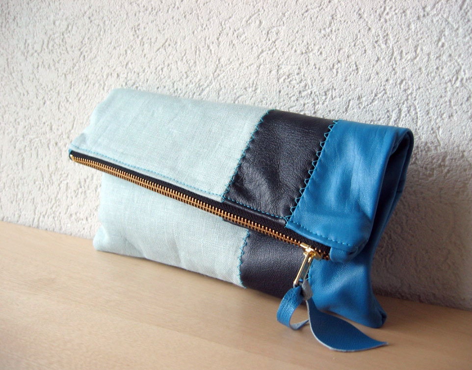Leather Clutch in Italian Leather and Powder Blue Linen - Indie Patchwork Series