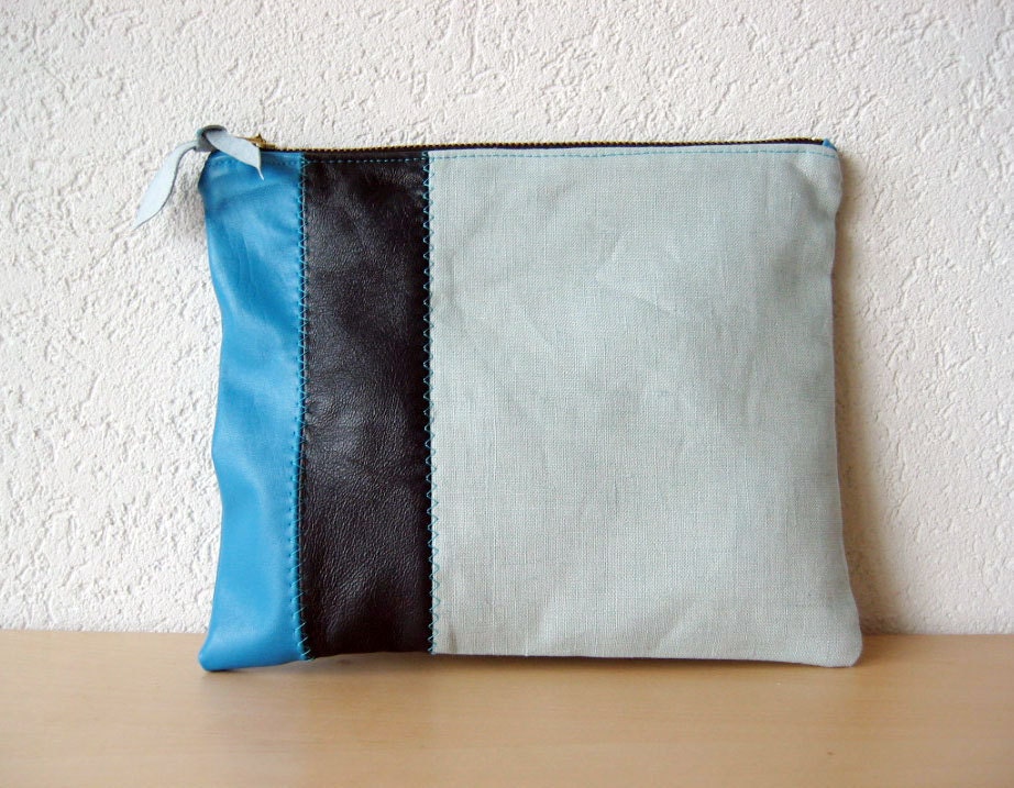 Leather Clutch in Italian Leather and Powder Blue Linen - Indie Patchwork Series