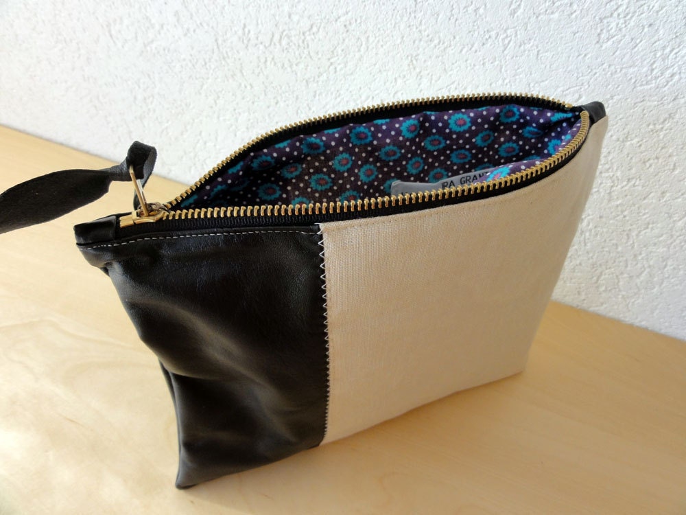 Leather Clutch in Black Italian Leather and Beige Linen - Indie Patchwork Series