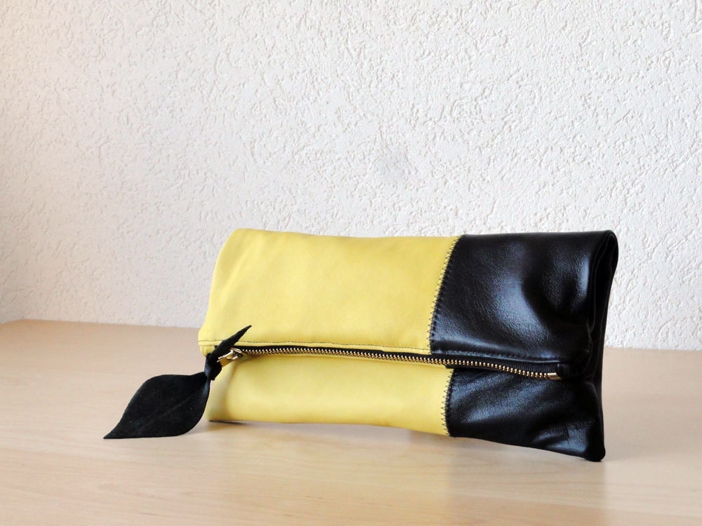Leather Clutch in Yellow and Black Soft Italian Leather