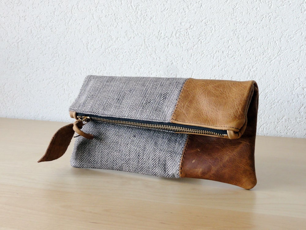 Leather Clutch in Brown Cow Leather and European Washed Linen with Herringbone Pattern - Indie Patchwork Series